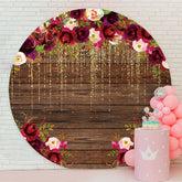 Aperturee - Dark Red Rose Glitter Brown Round Wood Birthday Backdrop